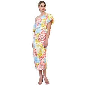 HUNTER BELL One-Shoulder Floral Midi Dress in Blue, Yellow & Coral